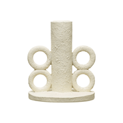 Resin Taper Candle Holder with Handles, Volcano Finish styled on a table with linen and ceramics
