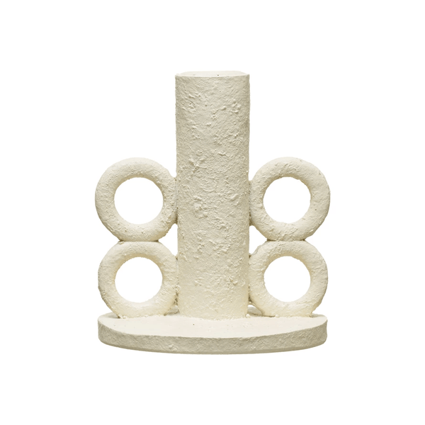 Resin Taper Candle Holder with Handles, Volcano Finish styled on a table with linen and ceramics