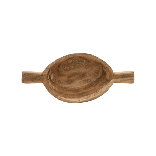 Paulownia Wood Handled Catch Tray styled on a console with ceramics and books