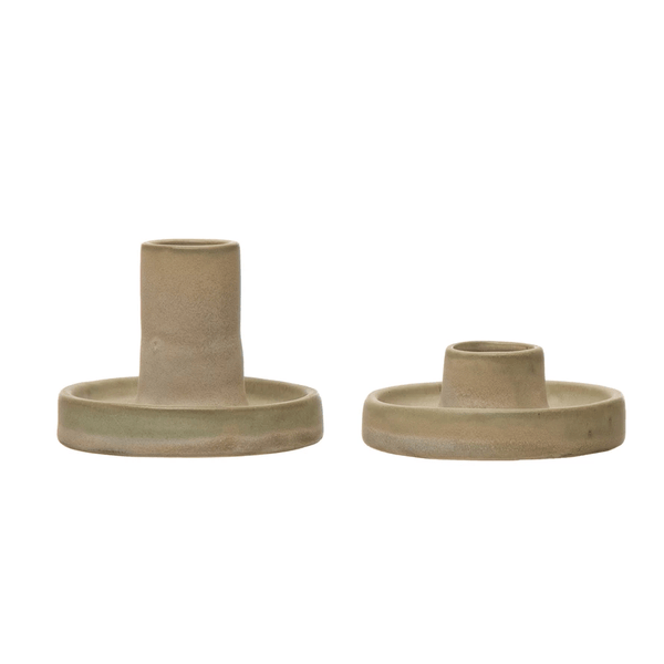 Reactive Glaze Stoneware Taper Candle Holders, Set of 2 styled on a table with linen and ceramics