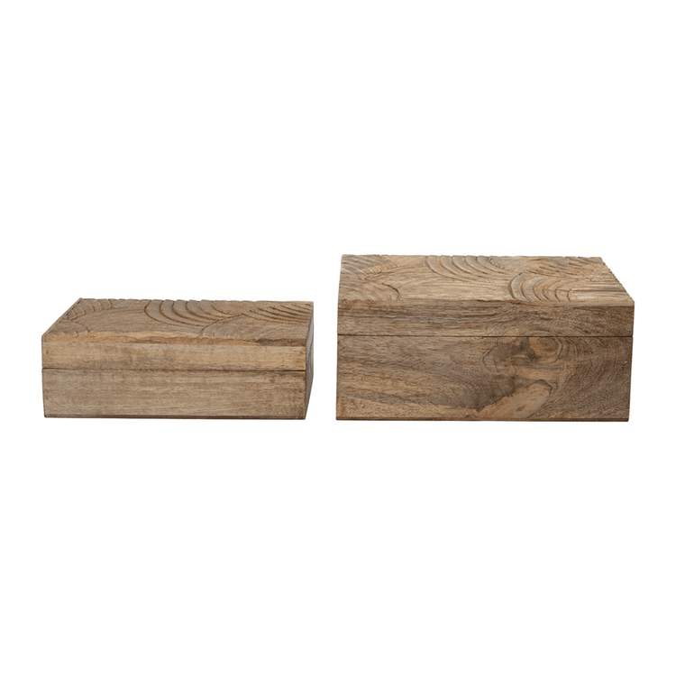 Hand-Carved Mango Wood Storage Boxes — Hand-carved mango wood boxes in two sizes, with arc-patterned lids