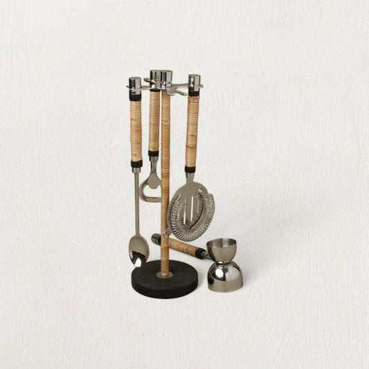 Rattan-Wrapped Bar Tool Set
