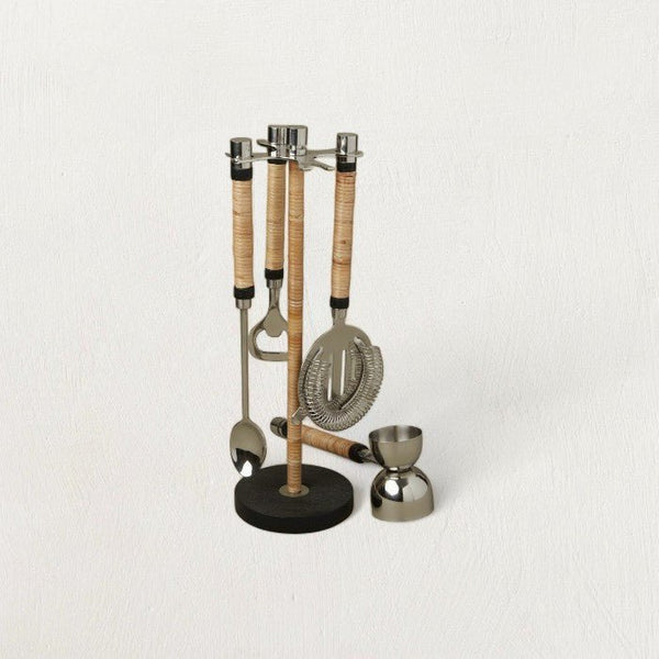 Rattan-Wrapped Bar Tool Set