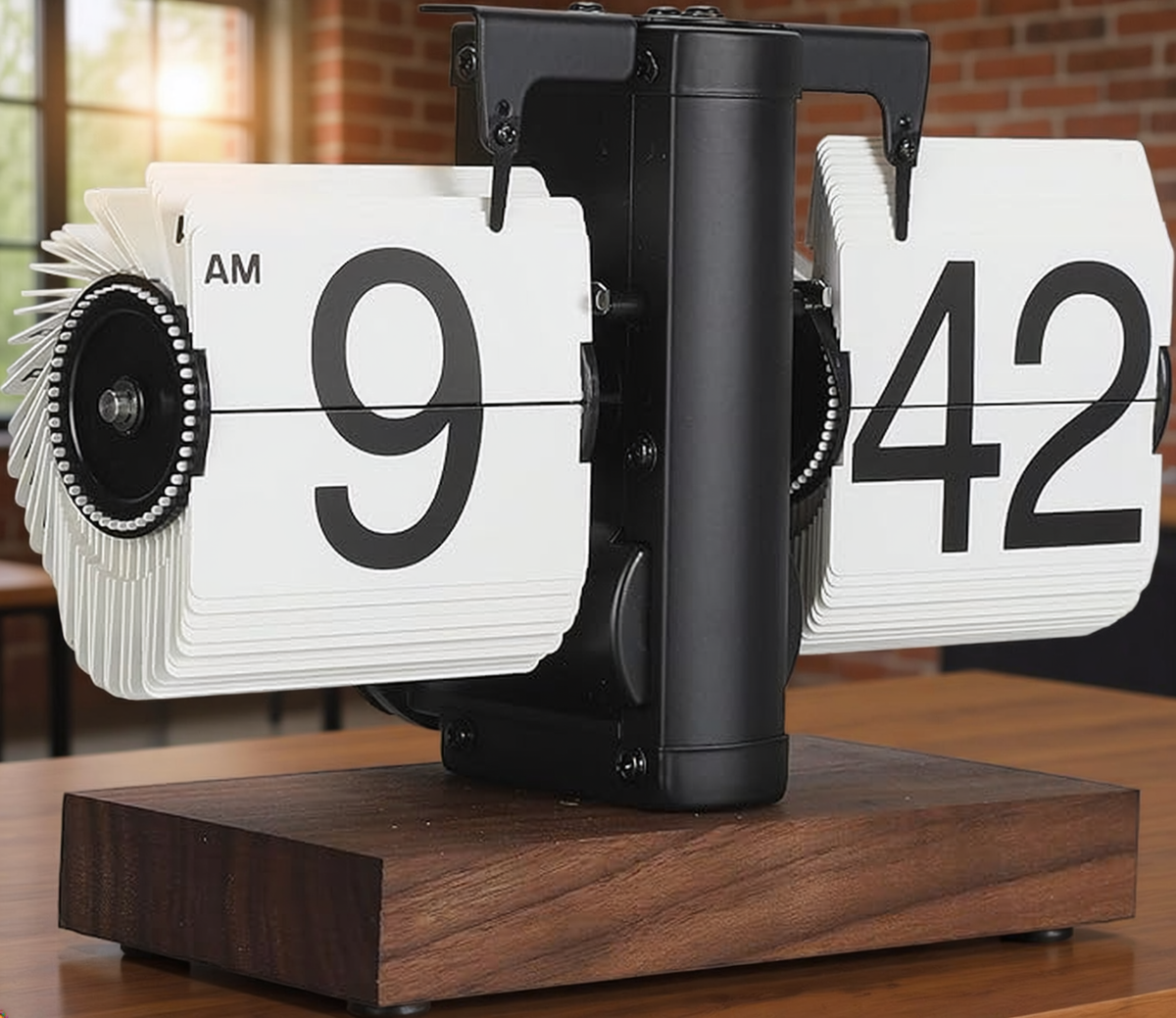 Black Retro Mechanical Flip Desk Clock styled in a warm editorial loft