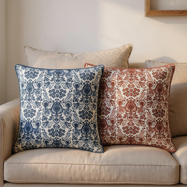 Color options for Floral Tile Cotton Throw Pillow grouped on coordinated upholstered seating