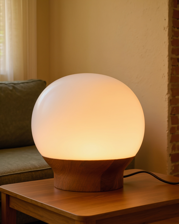 Frosted Globe Wood-Base Table Lamp styled in a warm editorial loft