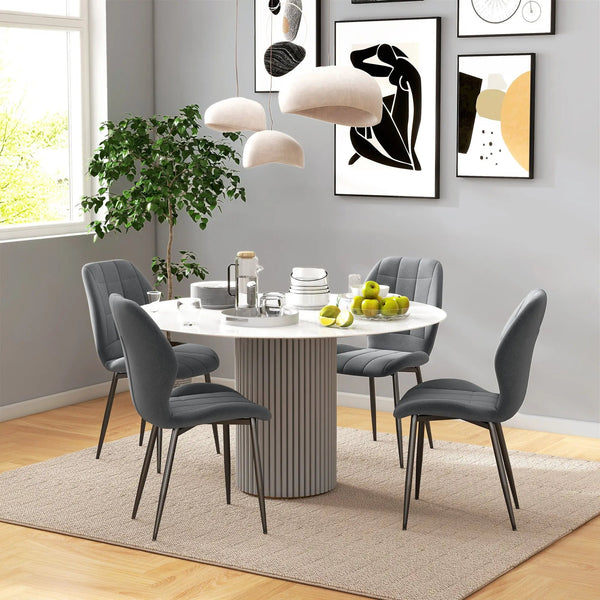 Grid-Tufted Upholstered Dining Chair Set — Set of four cushioned dining chairs in fabric with dark steel legs