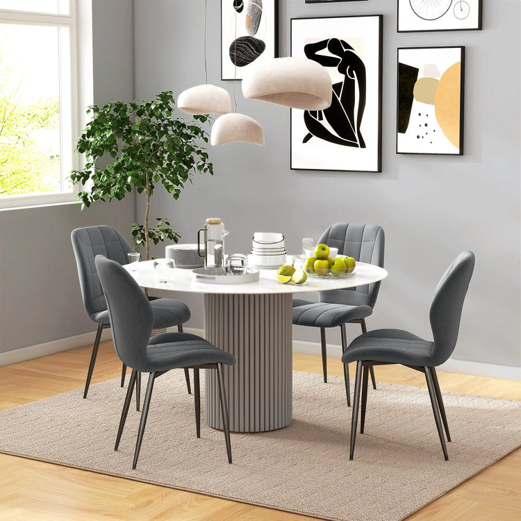 Grid-Tufted Upholstered Dining Chair Set — Set of four cushioned dining chairs in fabric with dark steel legs