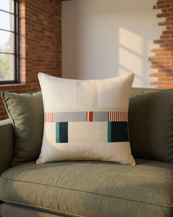 Geometric Patchwork Cotton Throw Pillow styled in a warm editorial loft