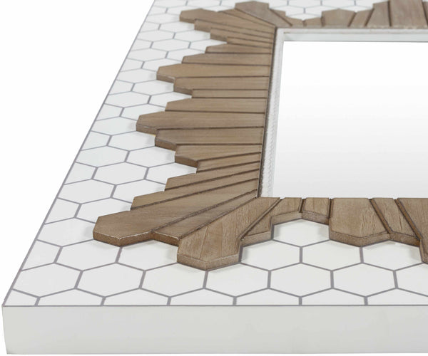 Close-up detail of Hexagon Mosaic Wood-Grain Framed Mirror