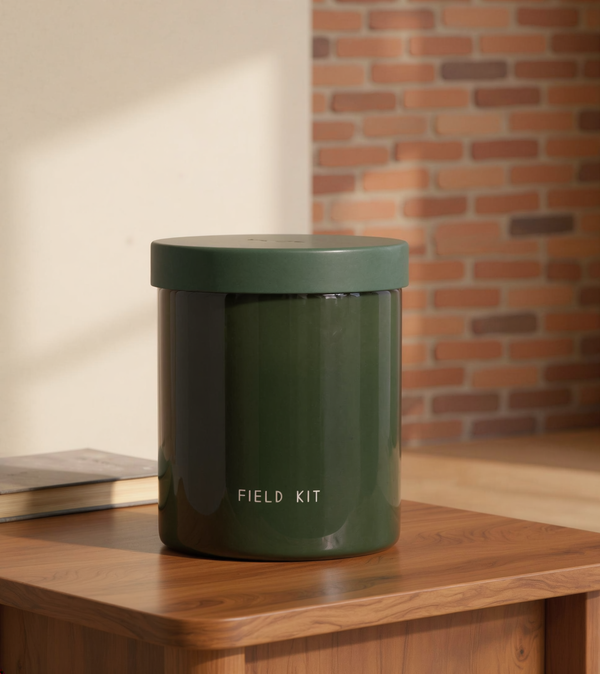 Bergamot & Ginger Soy Candle in Forest Green Glass styled in a warm editorial loft