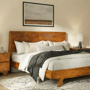 Carved Rubber Wood Platform Bed Frame — styled in a complete room vignette