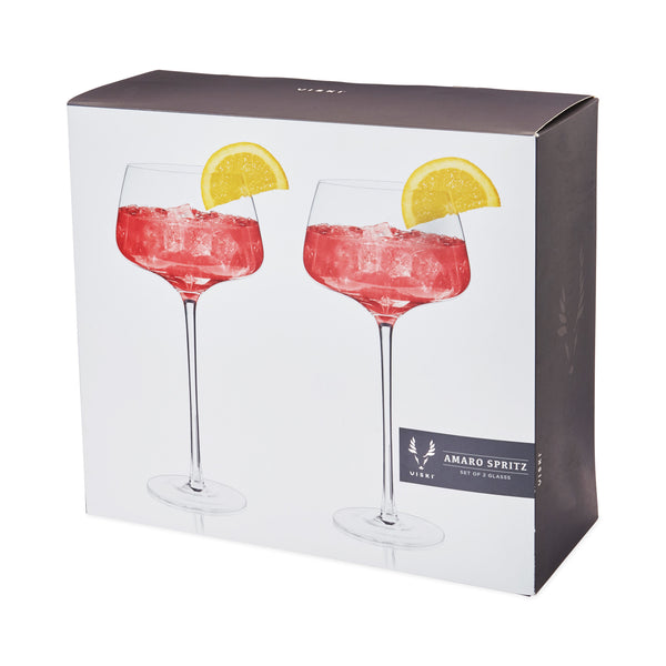 Two clear cocktail glasses, coupe with angled rim