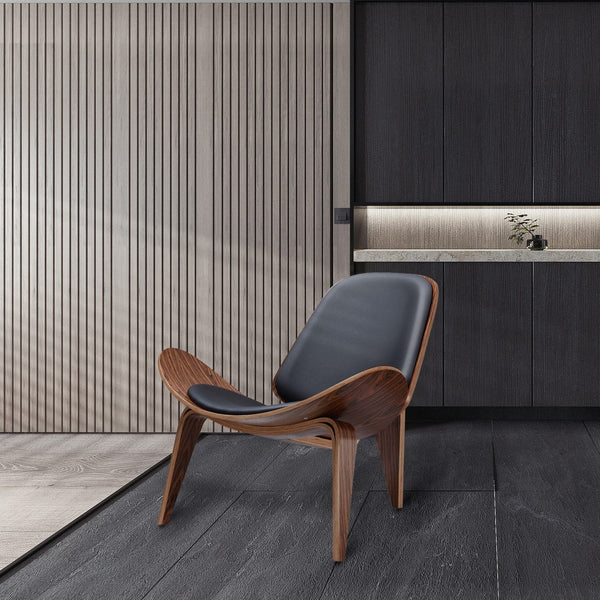 Vegan Leather Shell Lounge Chair — Bentwood shell chair with hand-stitched vegan leather seat and back