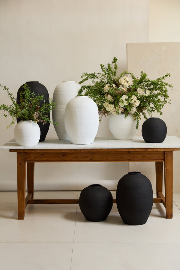 Close-up of hand-thrown stoneware glaze and texture detail — Textured Matte Ceramic Globe Vase