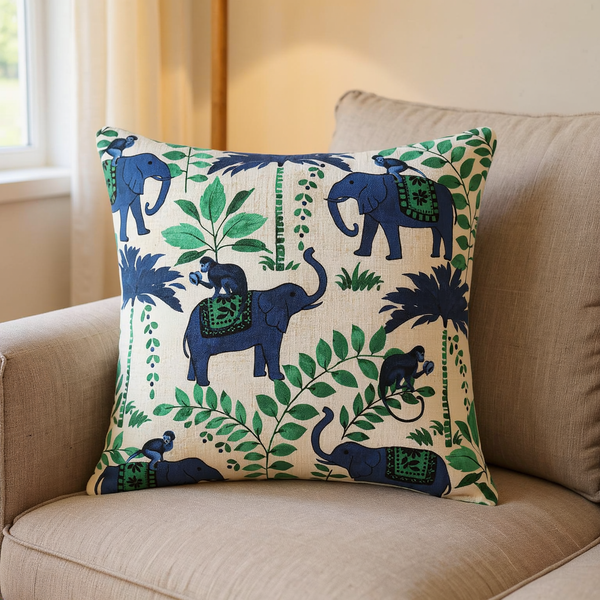 Printed Cotton Jungle Motif Throw Pillow in a close view on coordinated upholstered seating