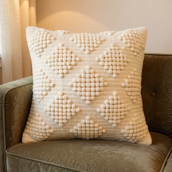 Knotted Loop Woven Throw Pillow Cover in a close view on coordinated upholstered seating