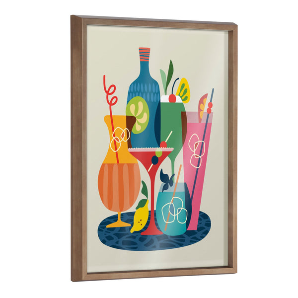 Mid-Century Cocktails Framed Glass Print — Glass-printed mid-century cocktail illustration in a warm wood-grain frame