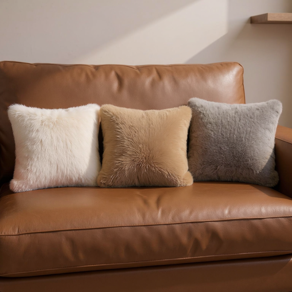 Color options for Long-Pile Faux Fur Throw Pillow grouped on coordinated upholstered seating