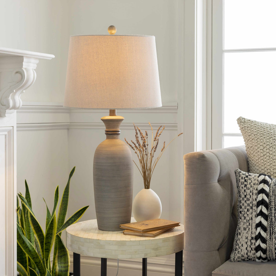 Striped Resin Table Lamp — Textured resin base with linen shade — refined without being formal