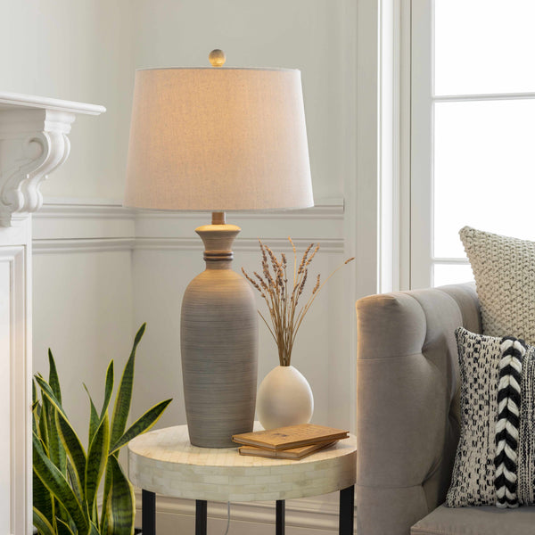 Striped Resin Table Lamp — Textured resin base with linen shade — refined without being formal