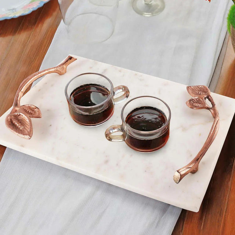 White Marble Tray with Copper Leaf Handles