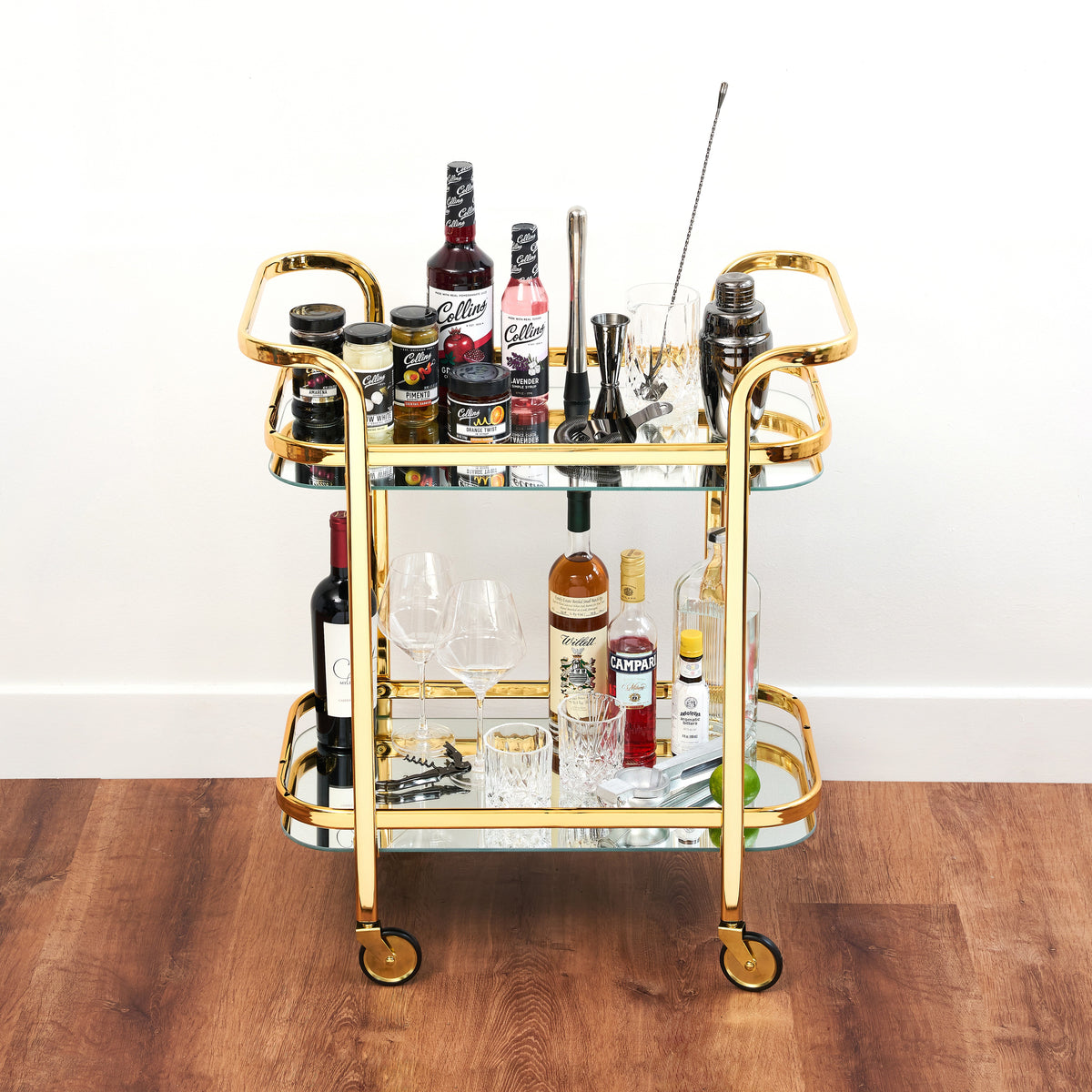 Gold-Finish Mirrored Two-Tier Bar Cart