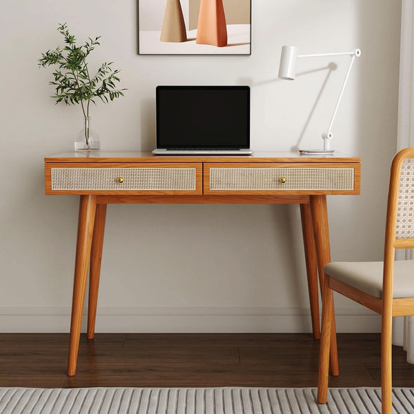 Rattan Drawer Wood Writing Desk