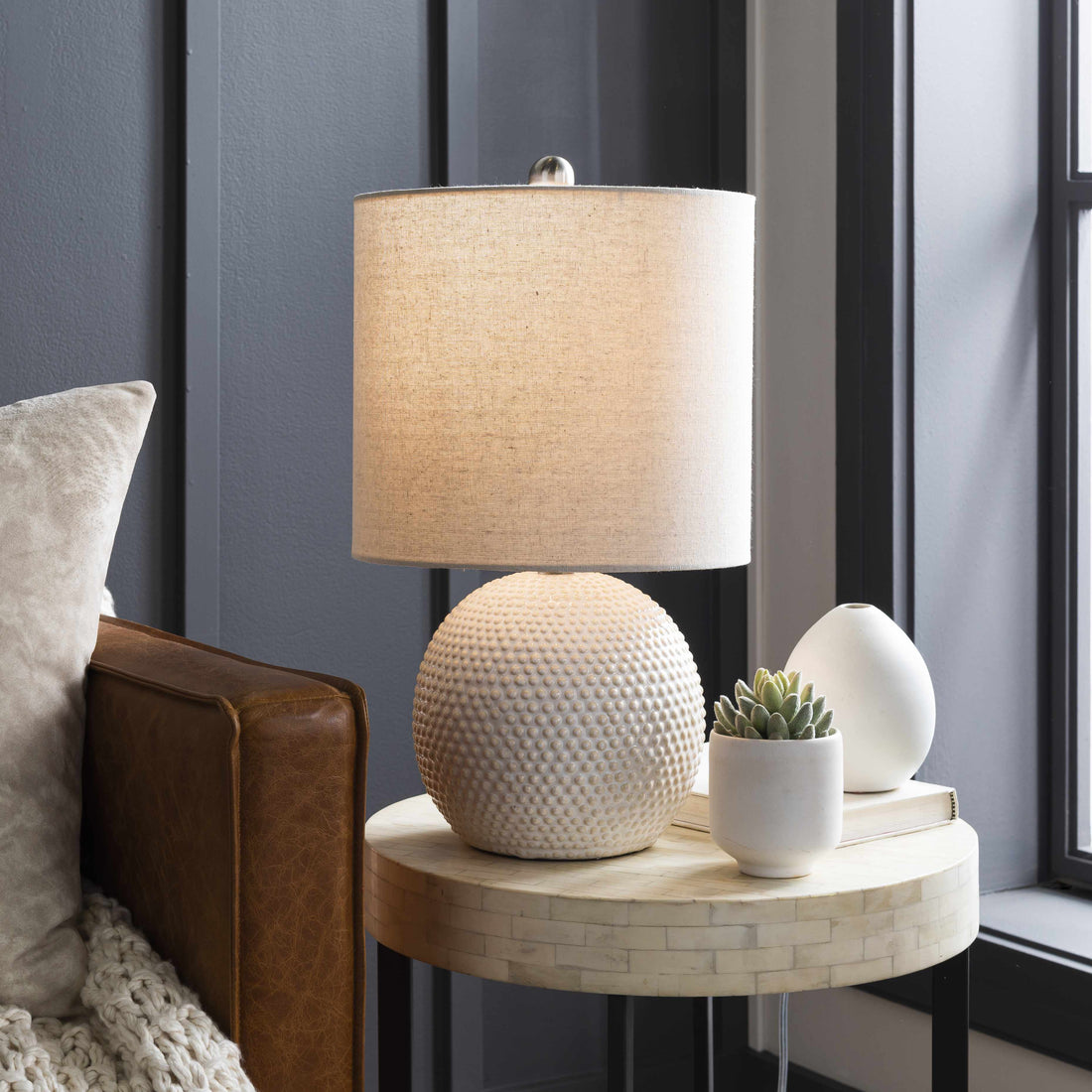 Hobnail Ceramic Globe Table Lamp — Hobnail ceramic base with linen-blend drum shade for warm, ambient light