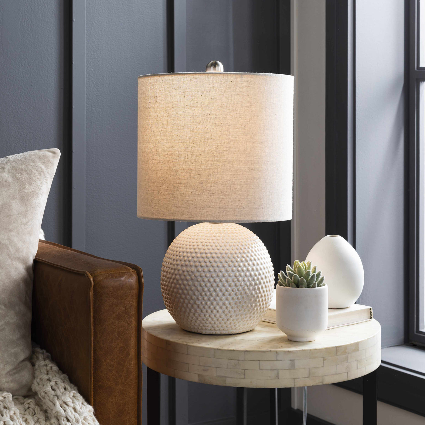Hobnail Ceramic Globe Table Lamp — Hobnail ceramic base with linen-blend drum shade for warm, ambient light