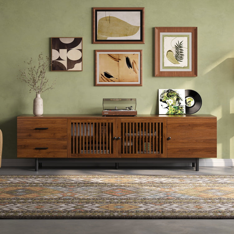 Walnut Media Console with Slatted Doors, 78 in