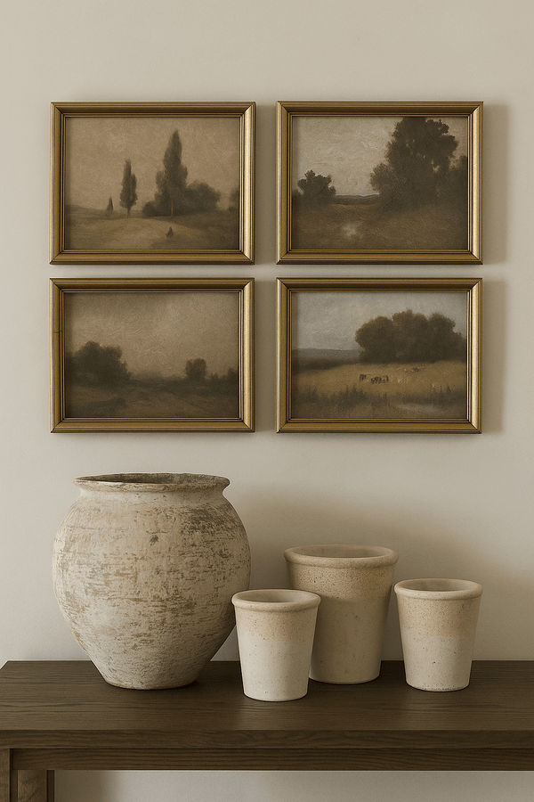 Gilt-Frame Landscape Print Set hung in a curated gallery wall arrangement