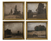 Gilt-Frame Landscape Print Set — Four muted pastoral landscapes in warm gilt frames, sold as a set