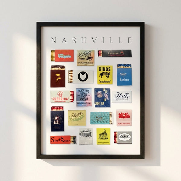 Nashville Matchbook Framed Print hung in a curated gallery wall arrangement