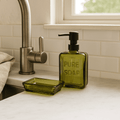 Olive Green Glass Soap Dispenser – “Pure Soap” Design — Bring a sense of calm, intentional beauty to your space with the