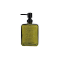 Olive Green Glass Soap Dispenser – “Pure Soap” Design styled on a marble bar cart with glassware