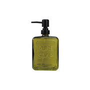 Olive Green Glass Soap Dispenser – “Pure Soap” Design styled on a marble bar cart with glassware