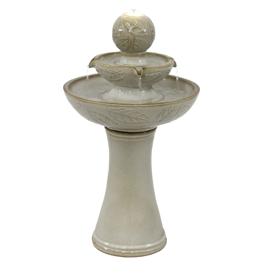 Two-Tier Leaf-Etched Ceramic Fountain
