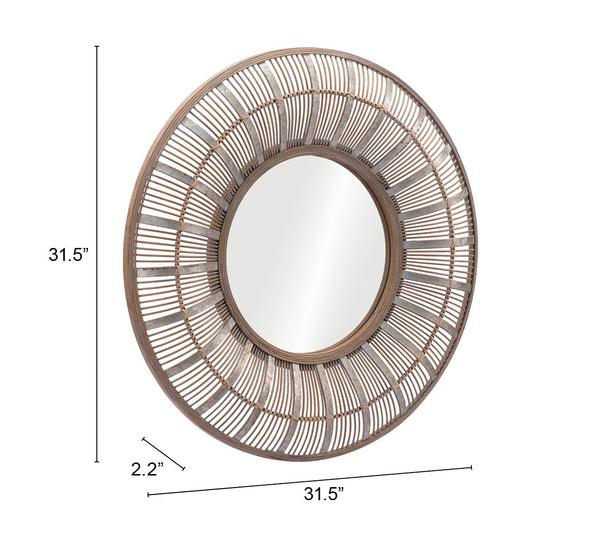 Antique Brown Rattan Weave Round Wall Mirror