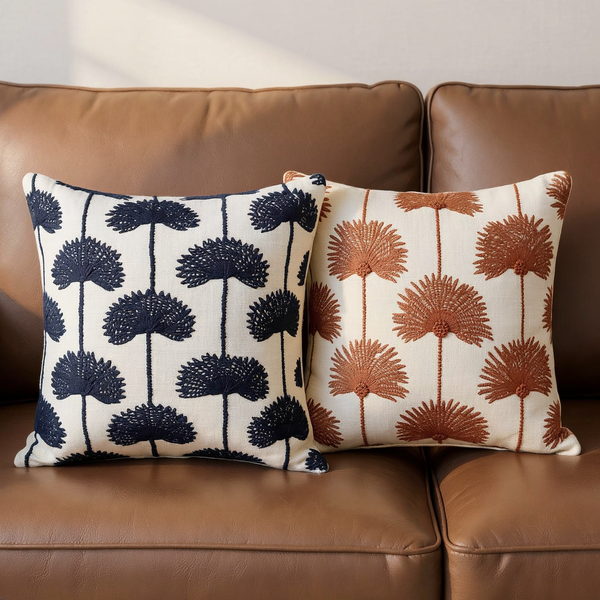 Color options for Palm Embroidered Linen-Blend Throw Pillow grouped on coordinated upholstered seating