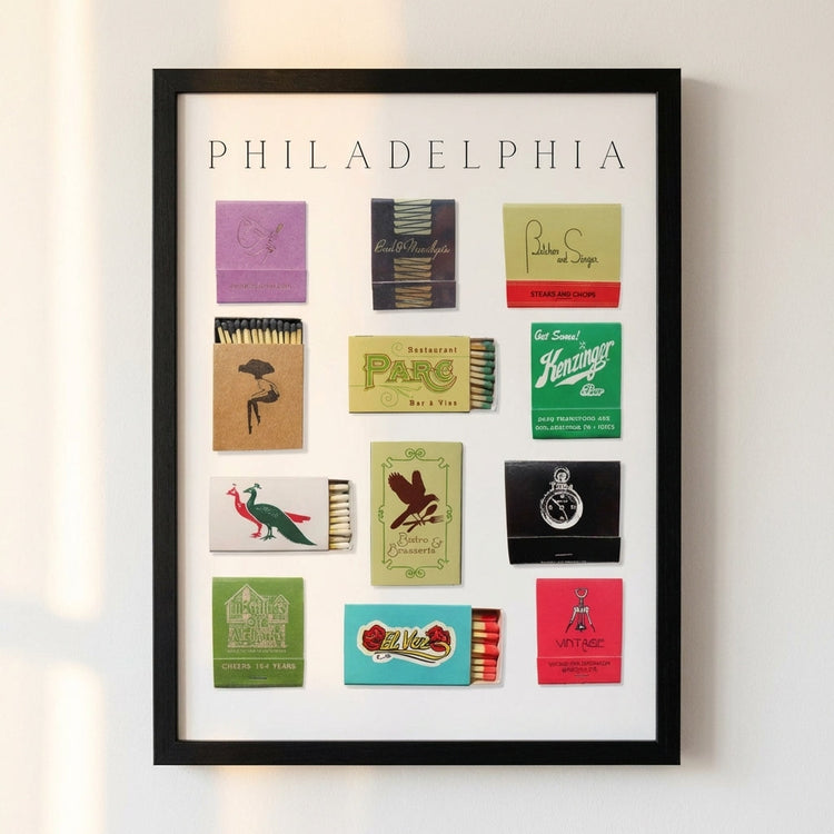 Philadelphia Matchbook Collection Framed Print — Framed matchbook print documenting twelve Philadelphia restaurant covers
