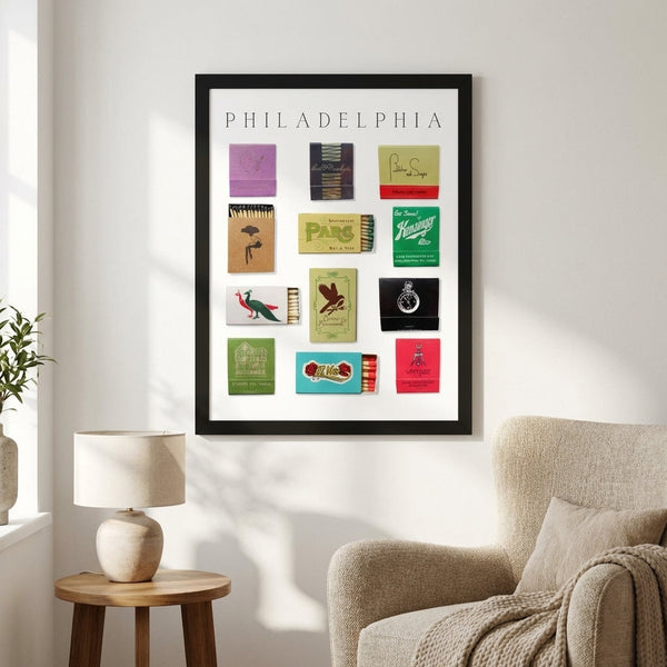 Philadelphia Matchbook Collection Framed Print hung in a curated gallery wall arrangement