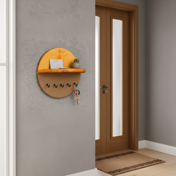 Wood-Grain Wall Key Holder with Shelf