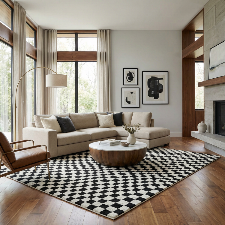 Black & Ivory Checkered Plush Rug