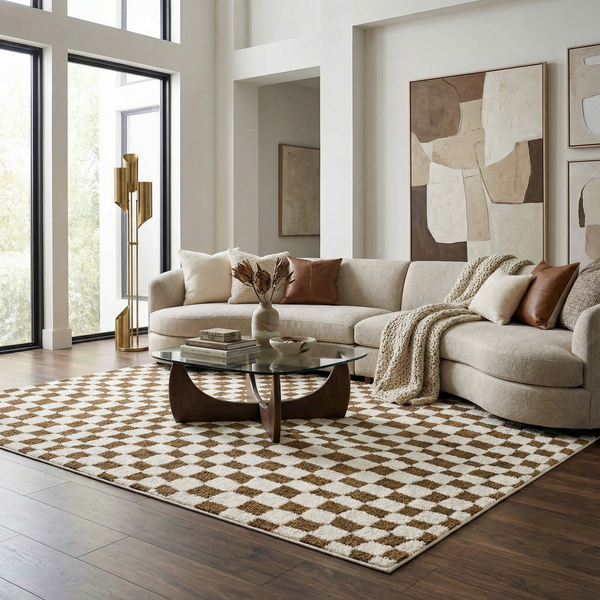 Brown Checkered High-Pile Shag Rug