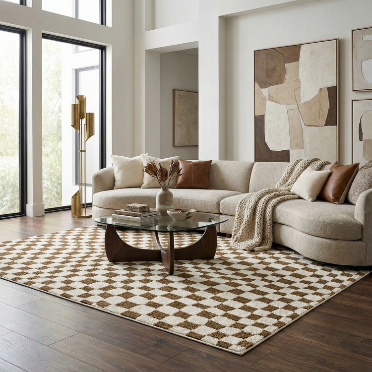 Brown Checkered High-Pile Shag Rug