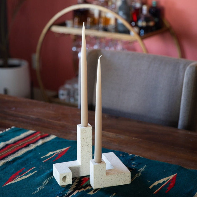 Terrazzo-Finish Concrete Candlestick Holder Set in a styled room setting