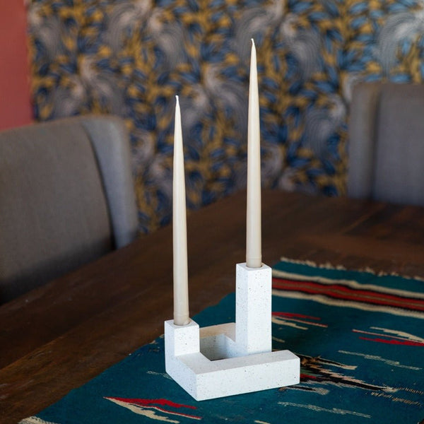 Terrazzo-Finish Concrete Candlestick Holder Set in a styled room setting