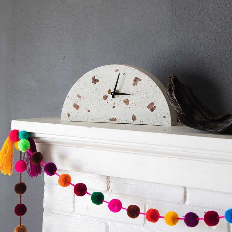 Terrazzo Concrete Arch Mantle Clock in a styled room setting