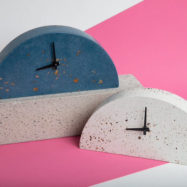 Terrazzo Concrete Arch Mantle Clock in a styled room setting